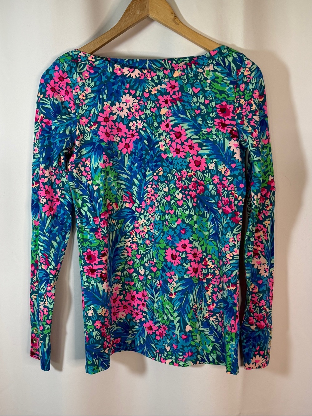 Lilly Pulitzer Blue Floral Boatneck Long-Sleeve Top with Pink Accents